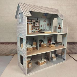 Impreza przychylność drewnianych lalek Dom dla dziewcząt dzieci 3 -piętrowy drewniany dom z meblami i akcesoriami przedszkolnymi lalkami zabawkami