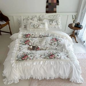 Ruffle Patchwork 3PCS Floral 100％Cotton White Cover Set 2PillowCases US/UK Super Kingサイズの寝具セット240528