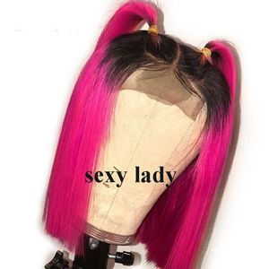 Высокотемпературное волокно Peruca 360 Фронтальный короткий боб парик Прямые волосы Черные омбре розовый розовый синтетический кружевный парик для женщин qdsnj