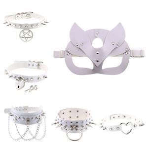 Exotic Fetish Sexy White Head Mask with Leather Rivet Collar Adult Games Cosplay Accessories for Women Bdsm Bondage Sex Toys 240603