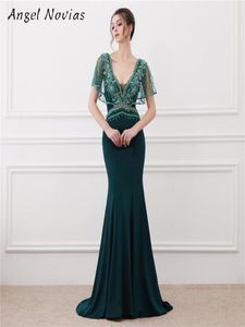 Long Green Mermaid Evening Dress Crystal Arab Dubai Backless Caftan Marocaine Crystals Prom Party Gowns2184739
