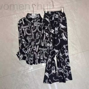 女性の2ピースパンツデザイナー24夏の新しいセレブリティライト成熟した薄いサテンルーズシャツ+チェーンプリントカジュアルlnde
