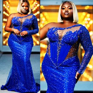 2024 Plus Size Aso Ebi Prom Dresses Royal Blue Mermaid Promdress Illusion One Shoulder Evening Formal Gown Beaded Lace Rhinestone Second Reception Gala Gowns AM1070
