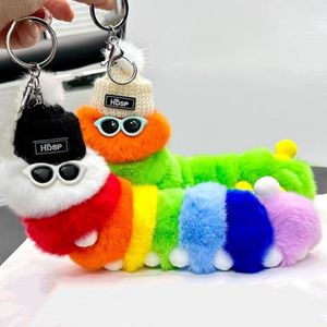 Cute Caterpillar Doll Plush Bag Charm Fashion Pendant Fur Keyring Girls Ladies Cartoon Furry Keychain for Car Funny Gifts