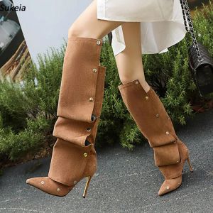 Sukeia Women Winter Knee Boots Faux Suede Thin Heels Pointed Toe Pretty Apricot Red Party Shoes Ladies US Size 3-16