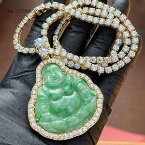 Hip Hop Iced Out Green Jade 10K 14K Gold Lab Diamonds Buddha Pendant Necklace