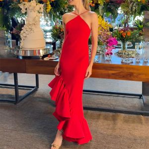 Spaghetti Straps Mermaid Evening Dresses Long Prom Dress Red Crepe Backless Formal Party Gown for Women