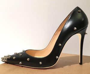 カジュアルデザイナーセクシーなレディファッション女性靴ブラックレザースパイクポイントトウスティレットストリッパーハイヒールプロムイブニングポンプ大規模6492931