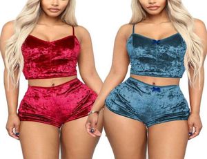 Women Pajamas Sets Sexy Velvet Two Piece Suits Ladies 2PCS Sleepwear Female Vest Shorts Set Summer Womens Nightwear Fo559251024