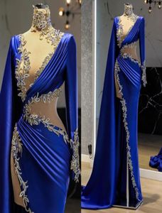 Nya blå sexiga eleganta aftonklänningar Långa ärmar med wrap -applikationer Högdelade arabiska kvinnor Prom Party -klänningar skräddarsydda 20225643704