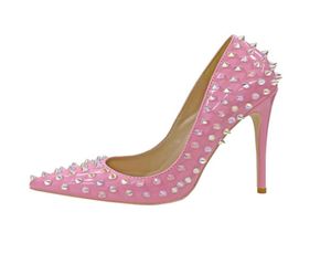 Masowe różowe patentowe skórzane sztylet buty na wysokim obcasie seksowne nit imprezę panna młoda ślub 12 cm spiczasty cienki obcas płytkie buty stu1290397