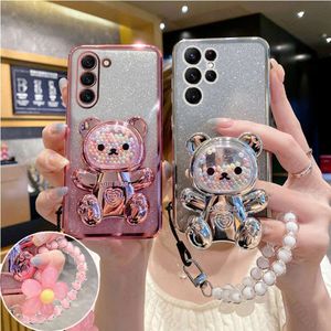 S 23 24 S21 Flower Strap Bear Phone Case On For Samsung Galaxy S23 S22 S20 S20 S24 Plus Fe Note 10 20 Stand Cover S23Plus