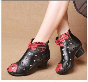 Spring summer Vintage Style Genuine Leather Women Boots Mid Heels Booties Soft Cowhide Women039s Shoes Winter Zip Ankle Boots Z3635210