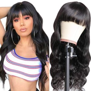 Brazilian Body Wave Wigs With curtain Bangs Virgin Brazilian None Lace Front Wigs Human Hair Wigs 130% Density Glueless Machine Made Wigs For Black Women 14 Inch