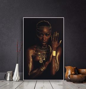 Czarna i złota naga afrykańska kobieta z naszyjnikiem płótna plakaty malarskie i druk skandynawski obraz sztuki ściennej do salonu7430724