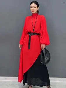 Women's Blouses Vefadisa 2024 Summer Red Long Shirt With Sashes Loose Irregular Chiffon Women HLX205