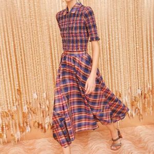 Work Dresses Cotton Silk Red Yellow British Style Fine Plaid Half Sleeve Tweed Blouse Tops Skirt Set 2024 Spring High Quality Clothes