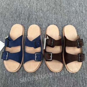 Men Women Leather Sandals Classic Double Buckle Slippers Summer Breathable Mule Shoes Genuine Leather Sandal Suede Thick Bottom Fashion Beach Slides With Box