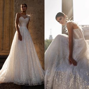 Modne suknie ślubne jedno ramię ślubne cekiny Pióra niestandardowe wykonane linię Szybka Trola Bride sukienka Vestidos de novia