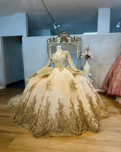 Mexico Gold O Neck Quinceanera Dress Beaded Princess Ball Gown for Sweet 16 Sequined Birthday Party Prom Dresses Robe De Bal