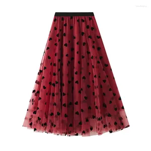 Kjolar kvinnor s midi tulle kjol 3d hjärttryck skiktat mesh tutu a-line fairy elastic hög midja maxi