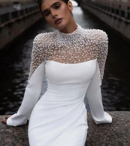 Luxury Mermaid Wedding Dress 2024 Långärmad kapell Tåg Pärlor Höghalsad kvinnor Brudklänning Princess Vestidos de Novia