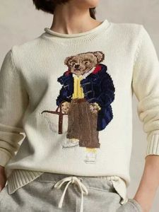 24SS RL broderad björn o-hals stickad 100% bomullströja Kvinnor Bottom Autumn Winter Trend Casual Pullover tröja toppar