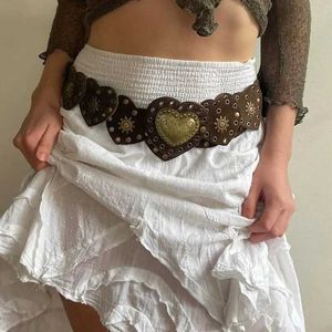 Belts Brown Pinned Belt Y2k Accessories Decorated with White Love Hearts Bohemian Style Retro PU Leather Waist Belt for Girls