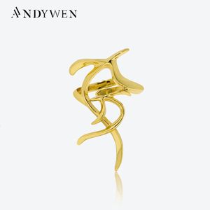 Andywen 925 Sterling Silver Gold Long Leaves Resizable Ring Women Rock Punk Luxury Leafs Plain Wedding Jewelryギフト240603