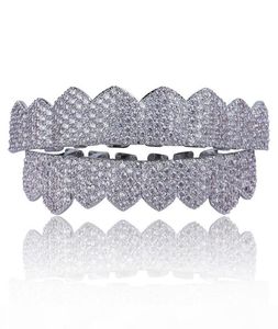 Micro Pave Cubic Zirconia Srebrne złote zęby grille Hiphop Rocker Halloween Iced Out Caps Topbottom Fang Grills Zestaw Bling TE2093955