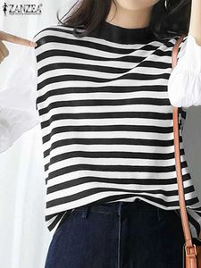 Women's Blouses Shirts Korean Office Tops Tunics ZANZEA Women Stripes Patchwork Blouse Fashion Round Neck Shirt 2024 Spring Casual Long Slve Blusas Y240601WXBP
