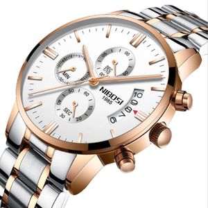 Nibosi varumärke kvartskronograf Mensur klockor rostfritt stål band titta lysande datum liv vattentäta armbandsur 264v