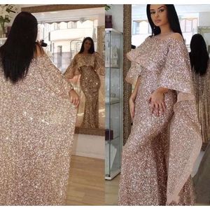 Elegant Arabic Rose Gold Mermaid Evening Dresses With Cape Wrap 2024 Glitter Sequines Women Formal Prom Party Gowns Sheer O Neck 0530