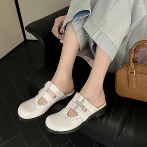 Slippers Summer Women Mules Split Leather Shoes For Round Toe Low Heel Belt Buckle Cover Sandals