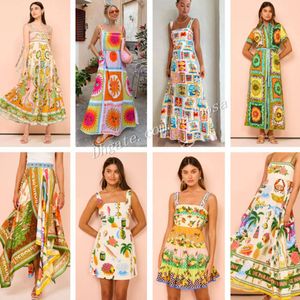 2024 Bohemiska klänningar Kvinnor Designerkläder Sexig Suspender Graffiti Bomull och linne tryckt stor hemklänning