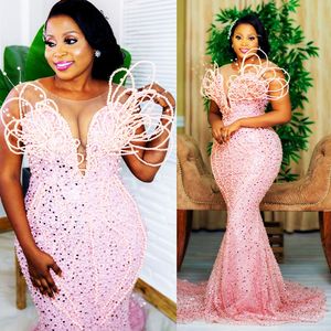 2024 ASO EBI Prom Dresses Pink Mermaid Promdress Illusion Onderics Ordial Ordal Devical Device Defined Lace Lears Dociticed Second Arteption Vestido de AM1049