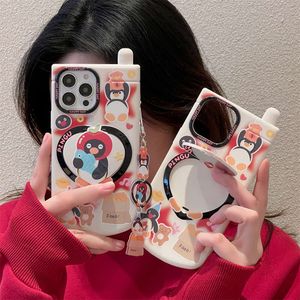 Cartoon Cute Penguin with Mirror Pendant Telephone Phone Case for IPhone 15 14 13 12 11 Pro Max Anti-fall Back Cover Funda