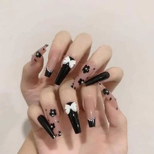 False Nails 24Pcs/Set Black Long Ballet Artificial Press On Nail Tips Flower Bow French False Nails Supplies For Professionals Fake Nail Art z240531