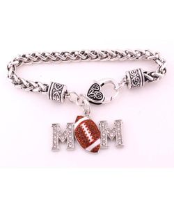 Selling Antique Sliver Plated Zinc Studded With Sparkling Crystal Rhinestone MOM FOOTBALL Pendant Charm Wheat Bracelet4497143