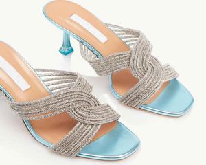الصيف الفاخر Gatsby Aquazz Women Sandals أحذية النساء العالي الكعب الكريستاليش من الجلد المعدني سيدة البغال