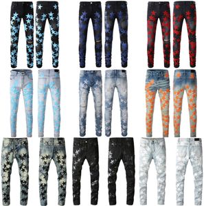 Designer mir jeans mens lila jeans stjärna kvinnor staplade långa byxor ksubi rippade high street jeans målar fläck lapp hål denim streetwear silm fötter mikro elastiska byxor