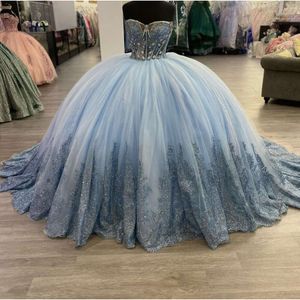 Pale Blue Princess Quinceanera Dress Sweetheart Coset Crystal Applique Sweet 16 Vestido De 15 Anos Prom 0603