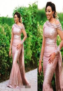 2021 Rose Gold Cequine Koronkowe seksowne arabskie sukienki wieczorowe z Dubaju zużyj cekiny na ramię Syrenka długie rękawy Orsarks Plus Size3235586