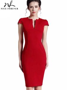 Arbetsklänningar Nice-forever Office Women Vintage Summer Solid Deep V Neck dragkedja Back Formal Stretch Pencil Work Bodycon Pocket Dress 521 Z240603