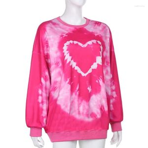 Kvinnors hoodies kvinnor Hösten långärmad o-hals tröja rosa hjärta tie-dye tryckt pullover tunika topps harajuku överdimensionerade lösa skjortor