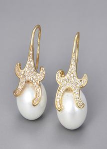 GuaiGuai Jewelry 14mm white sea shell Pearl starfish Cz pave Hook Earrings For Women Real Gems Stone Lady Fashion Jewellry4660918