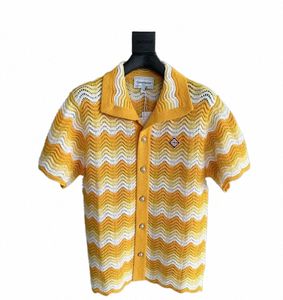 casablanca Ocean Wave Knit Shirts Pattern Casual Knitted Sweater Hollow Cardigan Shirt k8Qs#