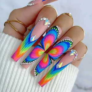 False Nails 24Pcs Wearaborful Butterfly Designs French Press on Nails Long Ballet False Nails with Rhinestone acrylic Fake Nails tips z240531