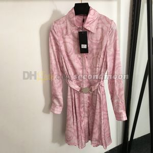 Vintage Print Dress Women Long Sleeve Dresses Lapel Neck Shirt Dress Silver Buckle Belt Dresses