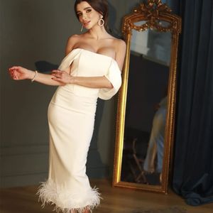 Elegant Short Ivory Off Shoulder Satin Evening Dresses with Feathers Sheath Crepe Tea Length Zipper Back Prom Dresses Pleated for Women